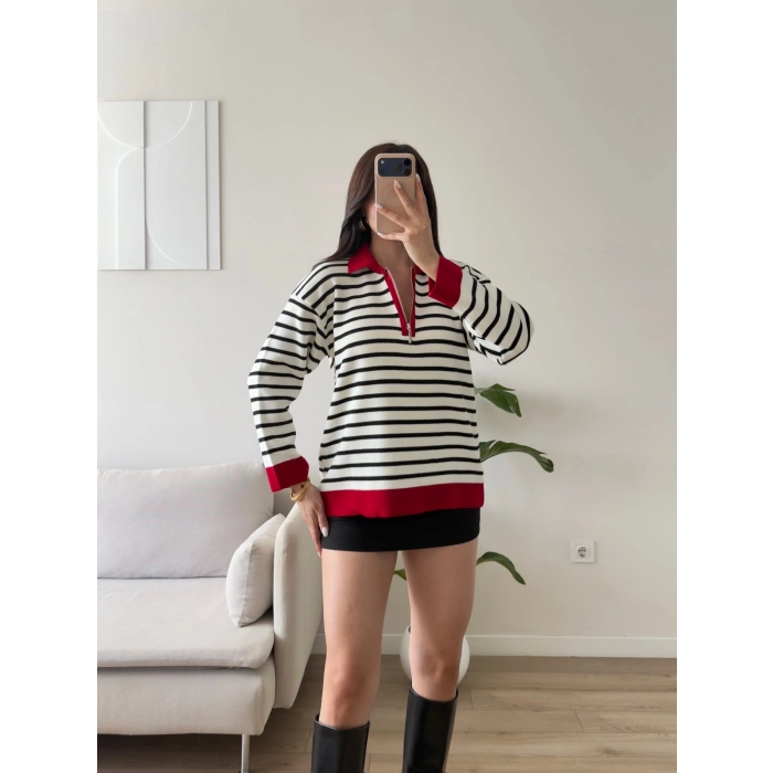 Polo Yaka Fermuar Çizgili Sweat - KIRMIZI