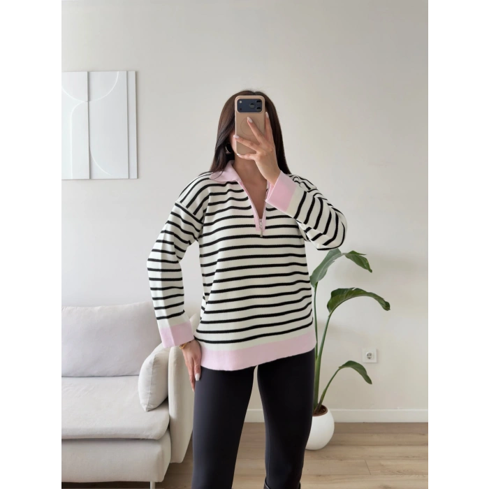 Polo Yaka Fermuar Çizgili Sweat - PEMBE