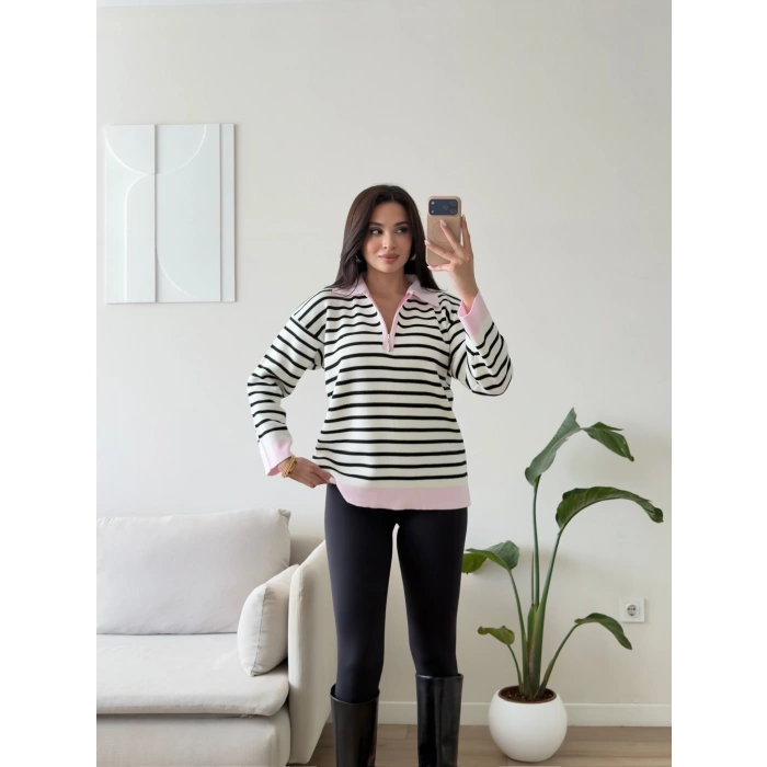 Polo Yaka Fermuar Çizgili Sweat - PEMBE