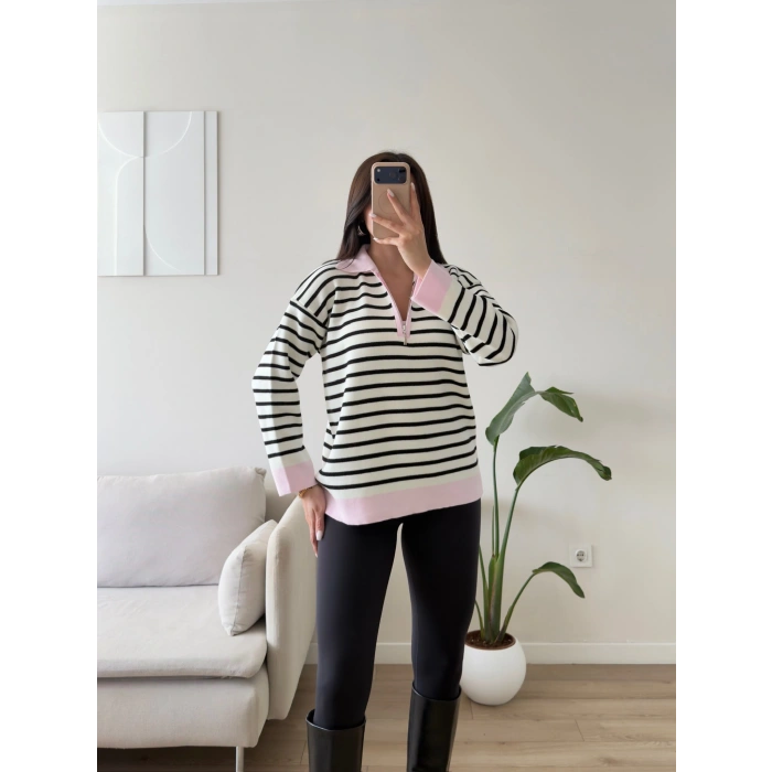 Polo Yaka Fermuar Çizgili Sweat - PEMBE