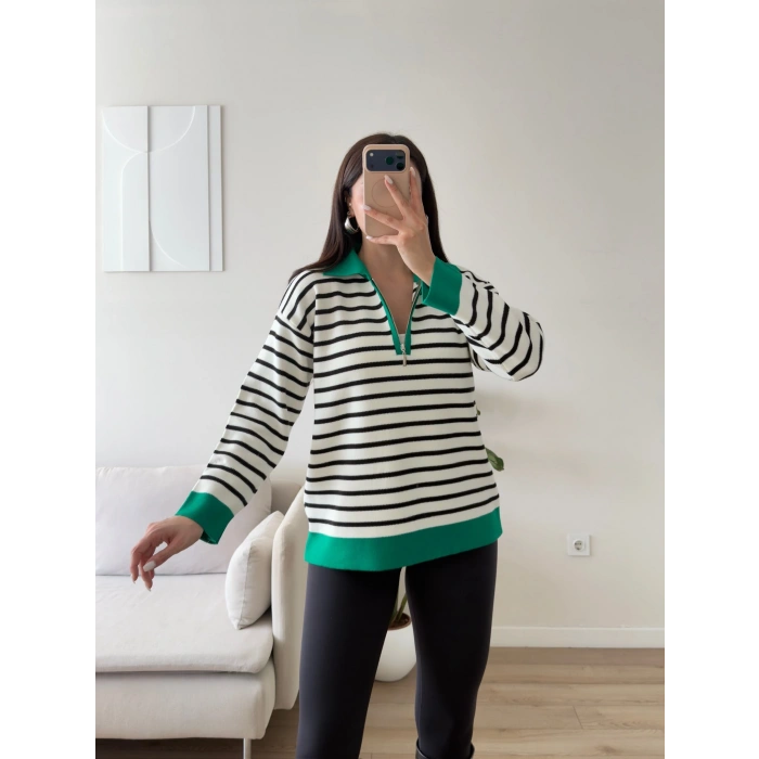 Polo Yaka Fermuar Çizgili Sweat - YEŞİL