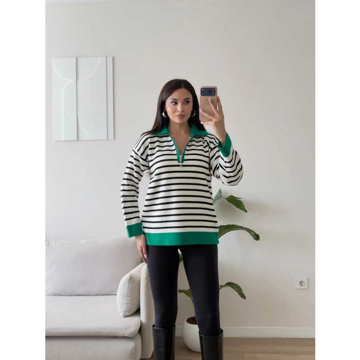 Polo Yaka Fermuar Çizgili Sweat - YEŞİL