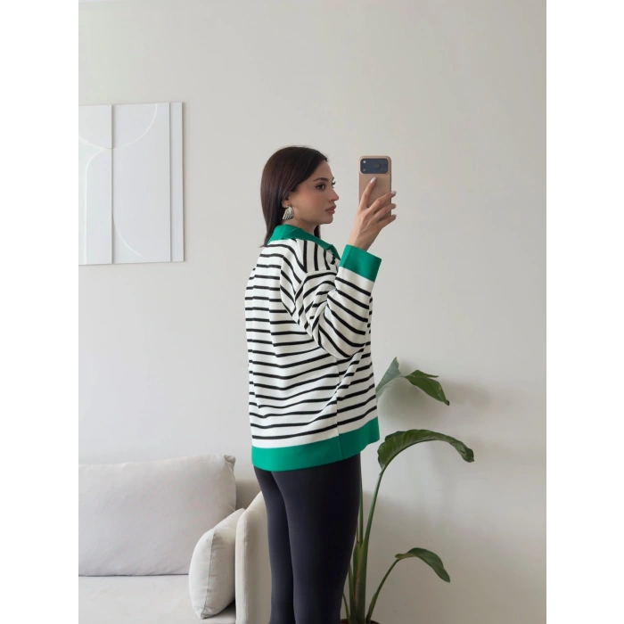 Polo Yaka Fermuar Çizgili Sweat - YEŞİL
