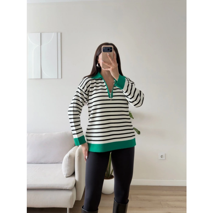 Polo Yaka Fermuar Çizgili Sweat - YEŞİL