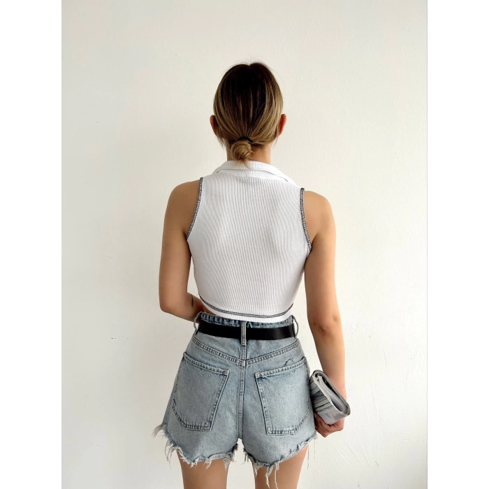 Polo Yaka Fermuar Detay Kolsuz Crop-BEYAZ