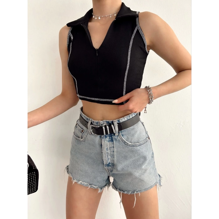 Polo Yaka Fermuar Detay Kolsuz Crop-SİYAH