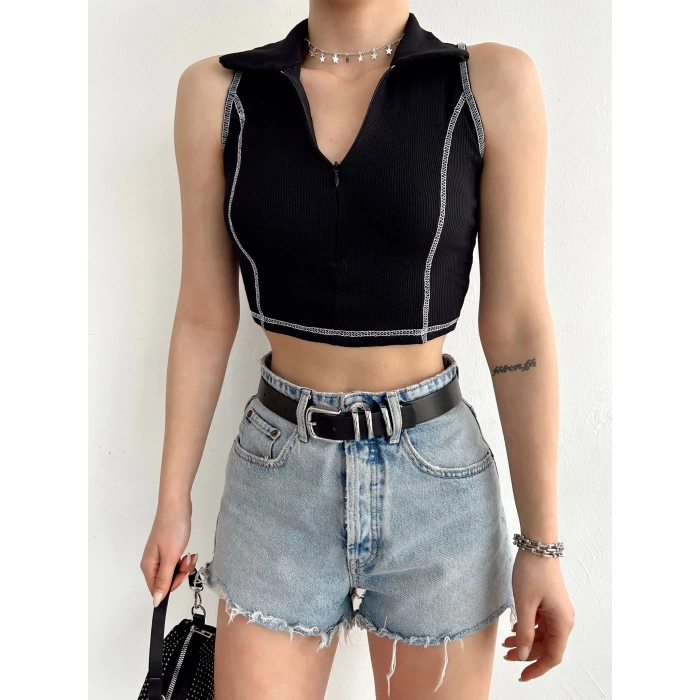 Polo Yaka Fermuar Detay Kolsuz Crop-SİYAH