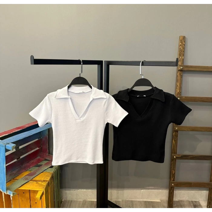 Polo Yaka Kaşkorse Crop-BEYAZ