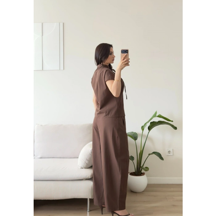 Poplin Balon Pantolon Takım - KAHVE