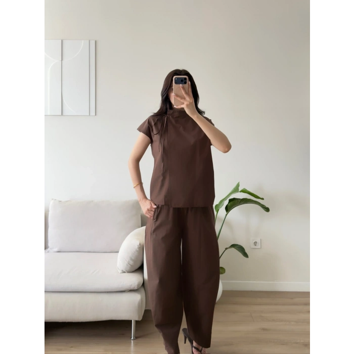Poplin Balon Pantolon Takım - KAHVE