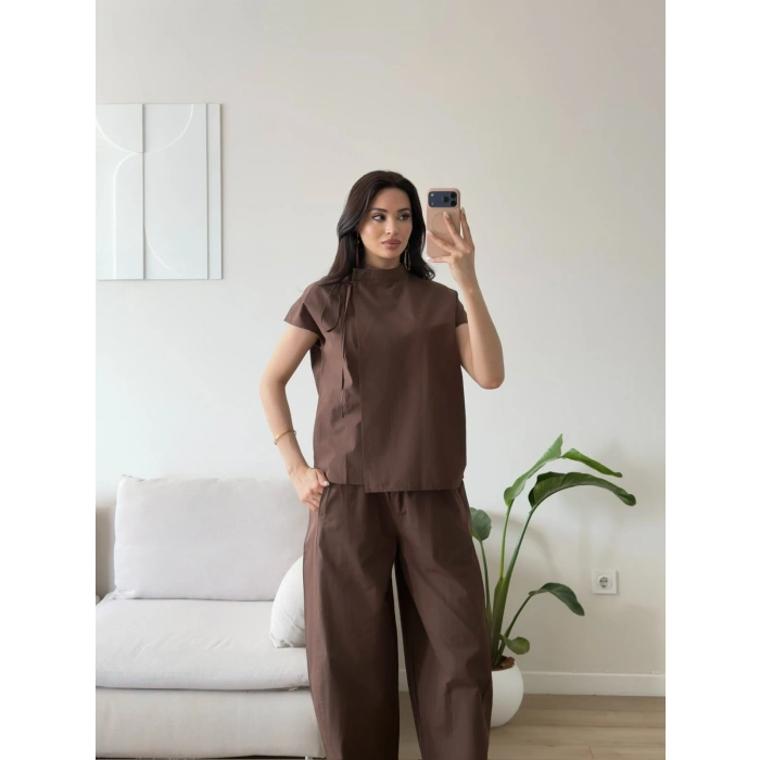 Poplin Balon Pantolon Takım - KAHVE