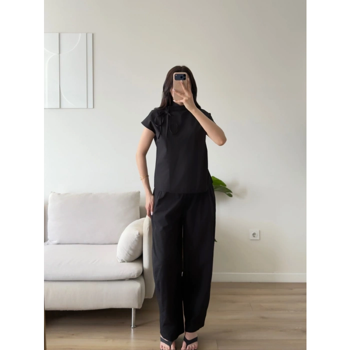 Poplin Balon Pantolon Takım - SİYAH