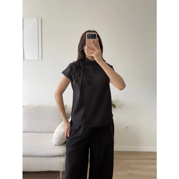 Poplin Balon Pantolon Takım - SİYAH