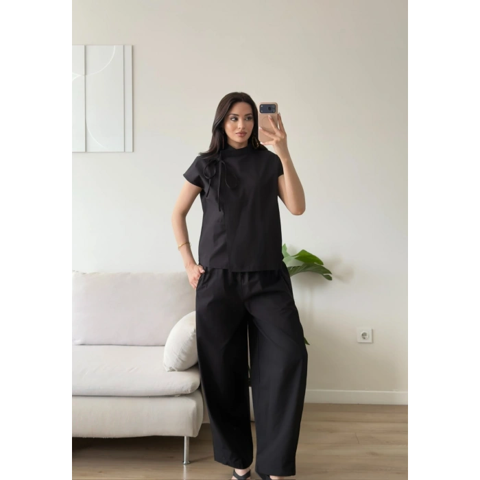 Poplin Balon Pantolon Takım - SİYAH