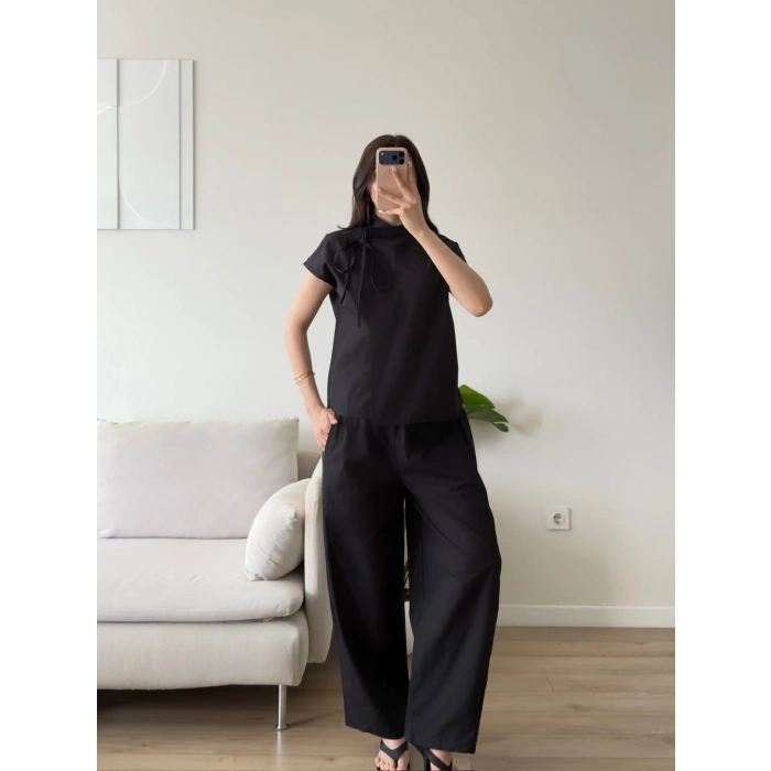 Poplin Balon Pantolon Takım - SİYAH