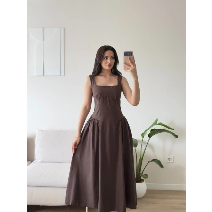 Poplin Kare Yaka Prenses Elbise - KAHVE