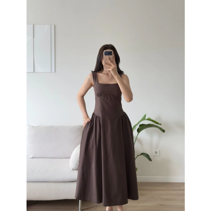 Poplin Kare Yaka Prenses Elbise - KAHVE