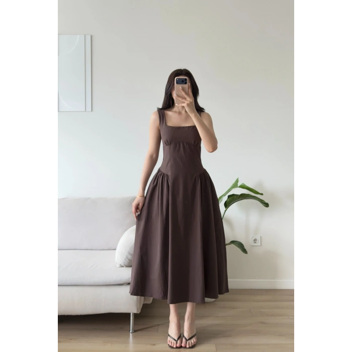 Poplin Kare Yaka Prenses Elbise - KAHVE