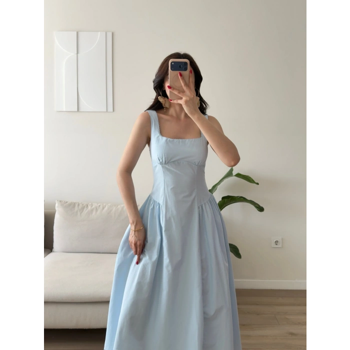 Poplin Kare Yaka Prenses Elbise - MAVİ