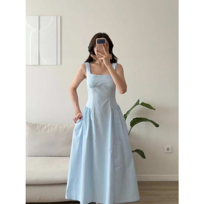 Poplin Kare Yaka Prenses Elbise - MAVİ