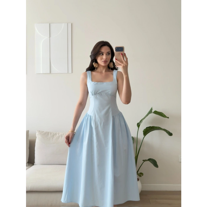 Poplin Kare Yaka Prenses Elbise - MAVİ