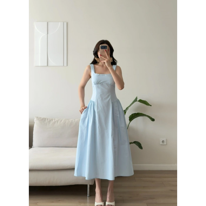 Poplin Kare Yaka Prenses Elbise - MAVİ