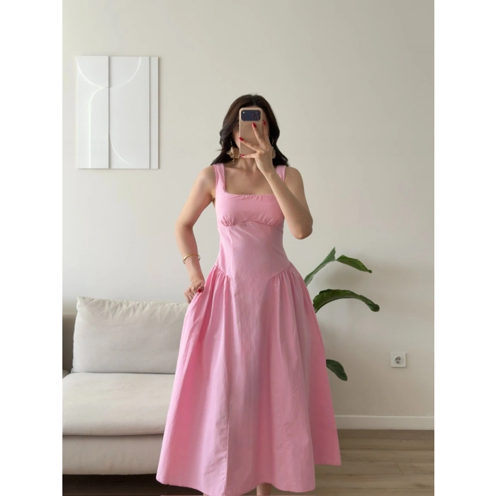 Poplin Kare Yaka Prenses Elbise - PEMBE