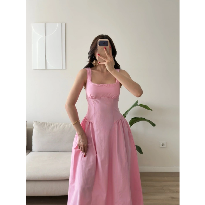 Poplin Kare Yaka Prenses Elbise - PEMBE