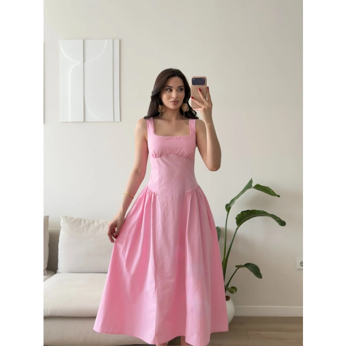 Poplin Kare Yaka Prenses Elbise - PEMBE