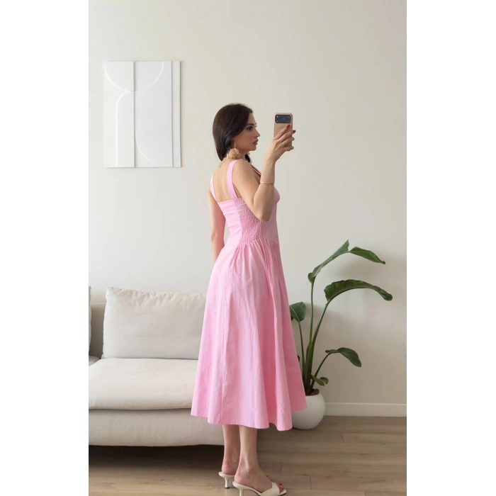 Poplin Kare Yaka Prenses Elbise - PEMBE