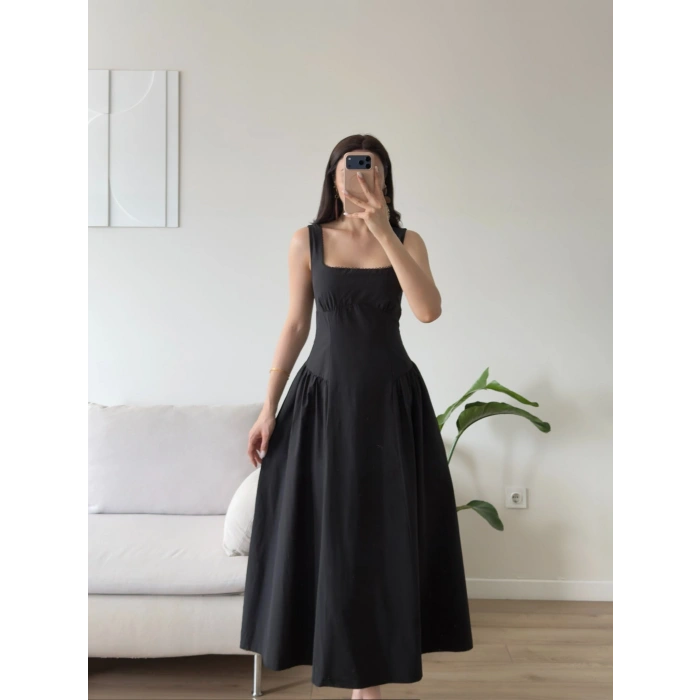Poplin Kare Yaka Prenses Elbise - SİYAH