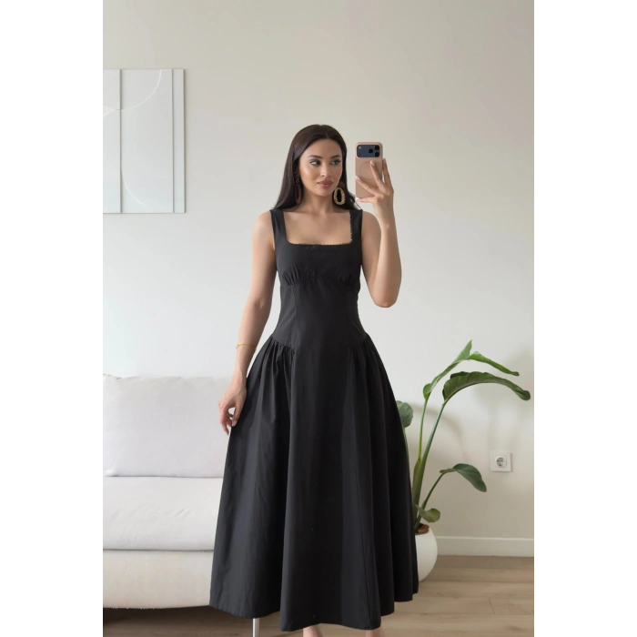 Poplin Kare Yaka Prenses Elbise - SİYAH