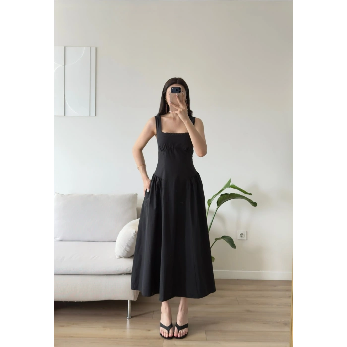 Poplin Kare Yaka Prenses Elbise - SİYAH