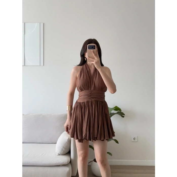 Premium Boyundan Bağlamalı Elbise - KAHVE