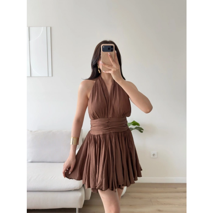 Premium Boyundan Bağlamalı Elbise - KAHVE