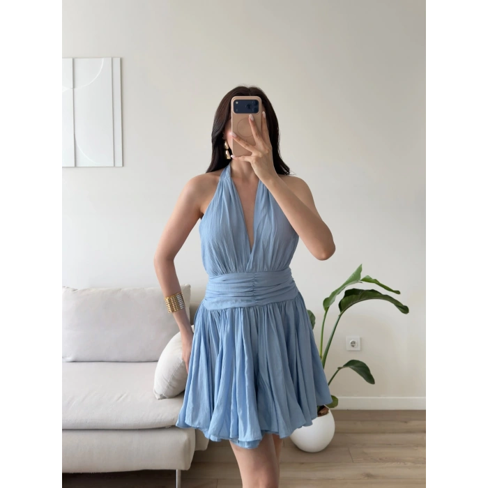 Premium Boyundan Bağlamalı Elbise - MAVİ