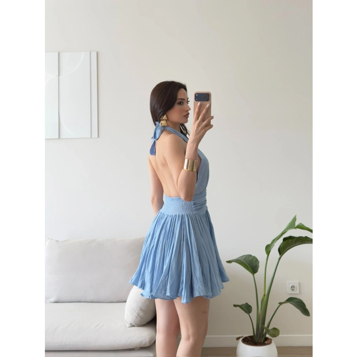 Premium Boyundan Bağlamalı Elbise - MAVİ