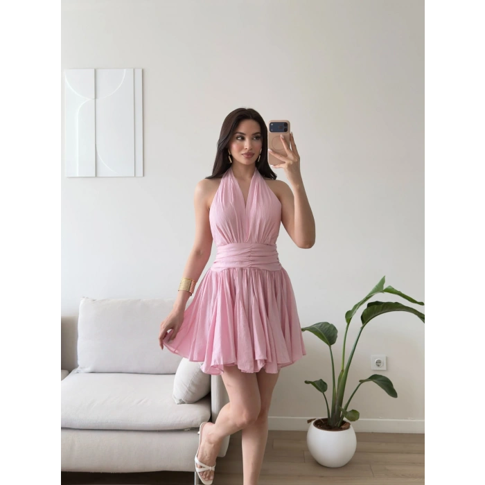 Premium Boyundan Bağlamalı Elbise - PEMBE