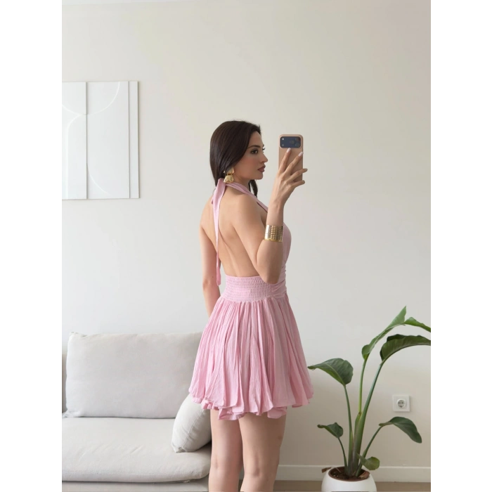 Premium Boyundan Bağlamalı Elbise - PEMBE