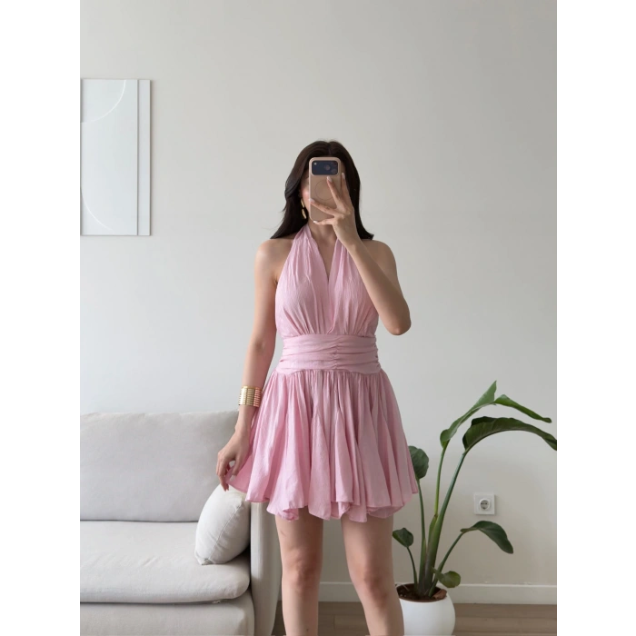 Premium Boyundan Bağlamalı Elbise - PEMBE
