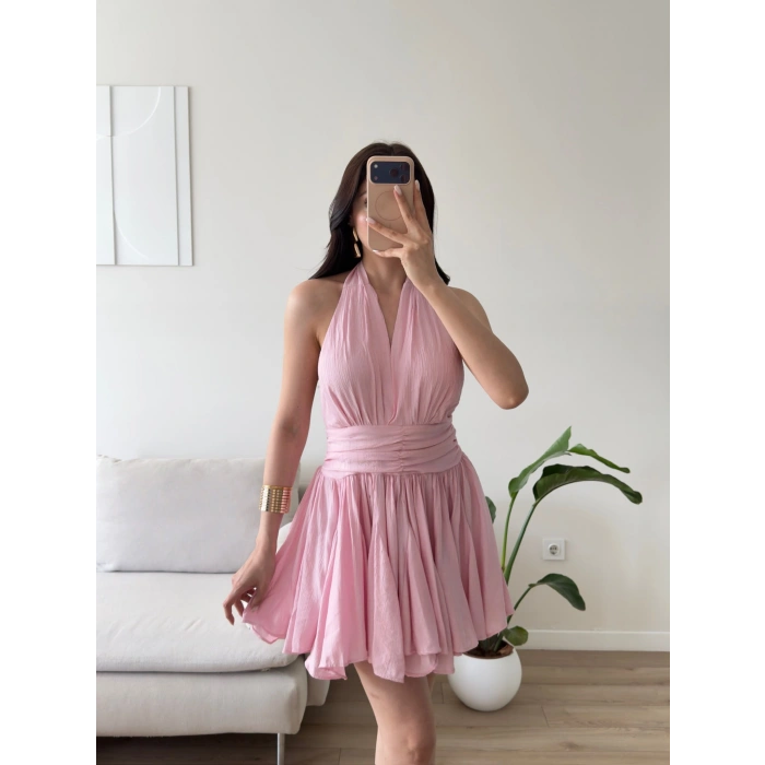 Premium Boyundan Bağlamalı Elbise - PEMBE