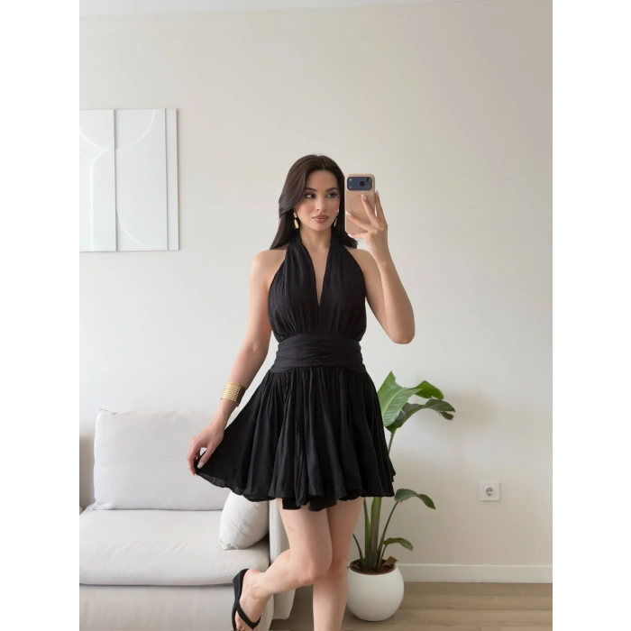 Premium Boyundan Bağlamalı Elbise - SİYAH