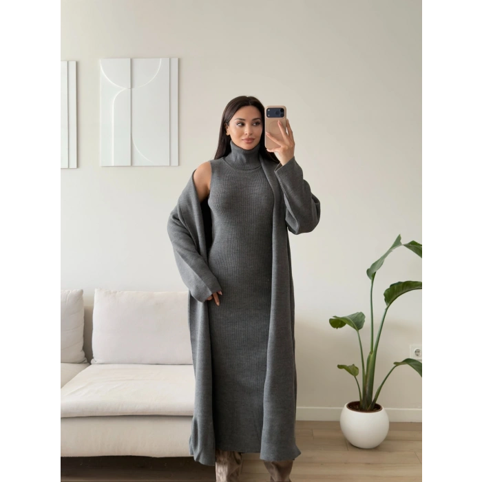 Premium Hırkalı Triko Elbise Takım - ANTRASİT