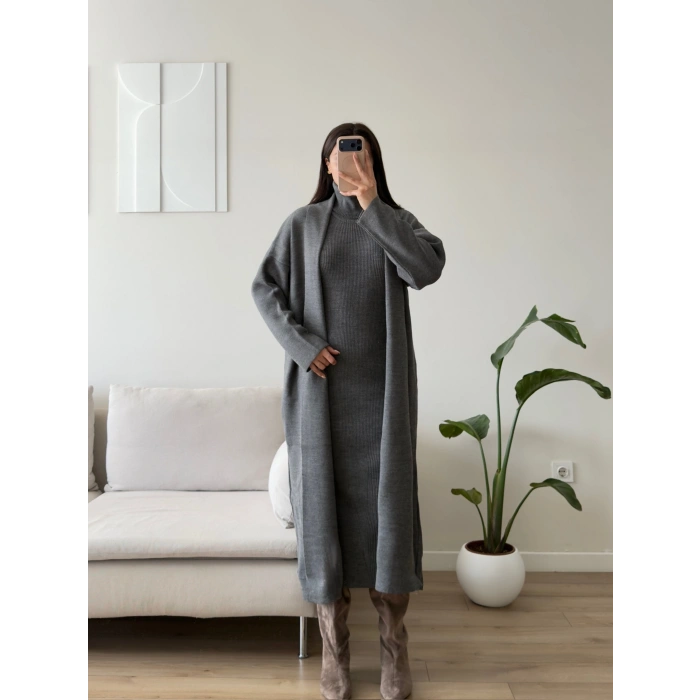 Premium Hırkalı Triko Elbise Takım - ANTRASİT