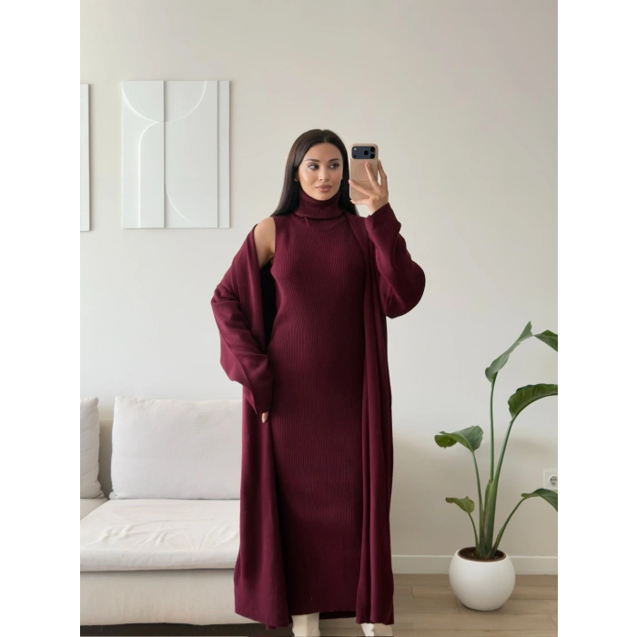 Premium Hırkalı Triko Elbise Takım - BORDO
