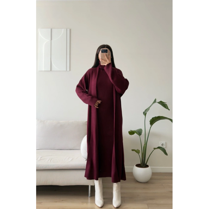 Premium Hırkalı Triko Elbise Takım - BORDO