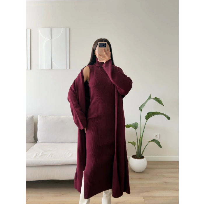 Premium Hırkalı Triko Elbise Takım - BORDO
