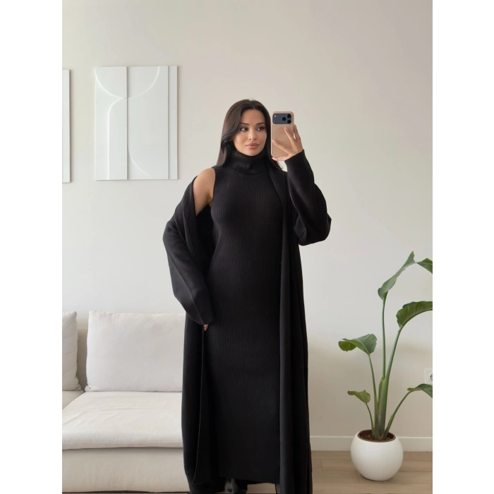Premium Hırkalı Triko Elbise Takım - SİYAH