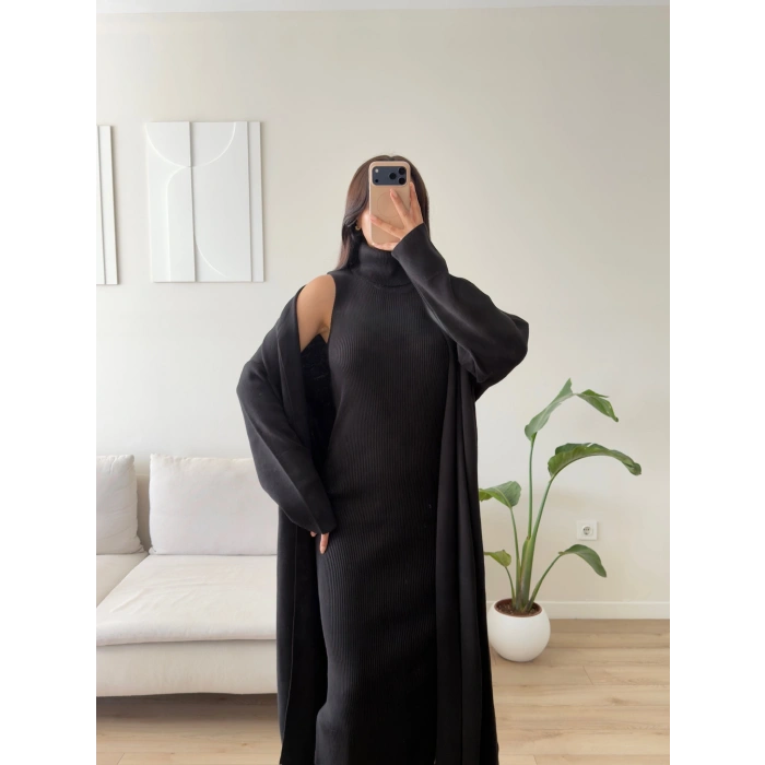 Premium Hırkalı Triko Elbise Takım - SİYAH