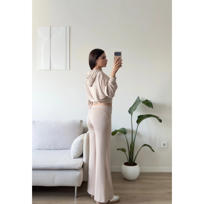 Premium Kapüşonlu Palazzo Takım - BEJ